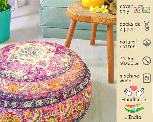 Mandala Life ART Boho Floor Cushion Cover Purple Round Purple Pillow Case Moroccan Décorative Pouf Perfect for Living Room, Bedroom, Nursary or Children Room Pouf BeanBag Stool Cotton 24x8 Unstuffed - color: Purple