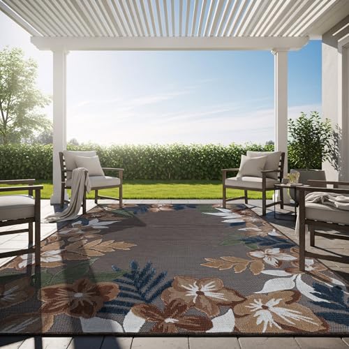 Outdoor Rug 9x12 Washable Area Rugs Indoor Outdoor Carpets Brown Border Floral Non Shedding Waterproof Easy Clean Patio Deck Porch Living Room Bedroom Garden RV (9 X 12 Brown) - color: 1-brown, size: 9' x 12' (Rectangular)