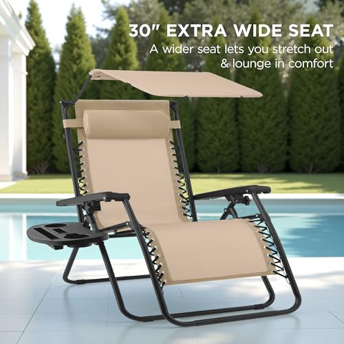 Best Choice Products 30” Wide Folding Zero Gravity Outdoor Recliner Patio Lounge Chair w/Adjustable Canopy Shade, Headrest, Side Accessory Tray - Beige - color: Beige, size: Oversized Extra Wide