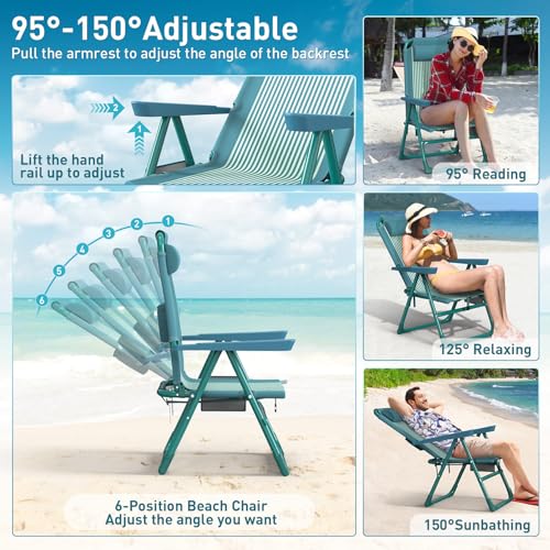 Suteck Backpack Beach Chair for Adults - 6-Position Folding Reclining Chair with Cooler Bag & Cup Holder, Lightweight Portable Beach Chair for Camping, Outdoor, Sand, Travel Use - color: Indigo White Stripes
