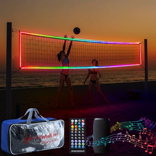 LED Professional Volleyball Net with Steel Cable 31.2x3.3ft Portable Light up Volleyball Net Outdoor with Remote Control Glow in The Dark for Backyard Beach Pool Game Outdoor