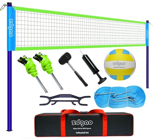Volleyball Net Outdoor - Portable Volleyball Set for Backyard with Professional Volleyball Net, Wrap Yarn Volleyball and Pump, Boundary Line, Carry Bag - style: Plus-32FT(Blue&Green)