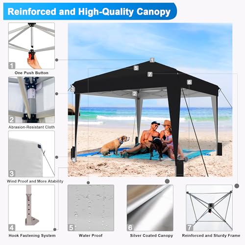 SANWAY 10x10 Pop up Canopy Tent, One-Button, Outdoor Instant Canopy Protable for Events, Camping, Parties, Vendor, Beach Tent - Black - color: Black