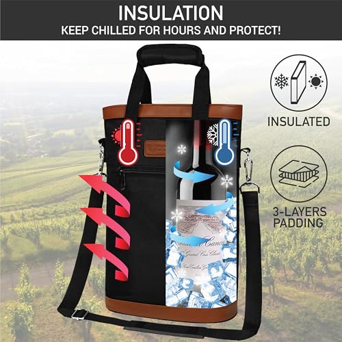 opux Two Bottle Wine Bag Carrier Tote, Insulated Leakproof 2 Bottle Wine Cooler Bag for Travel BYOB Picnic, Portable Wine Case, Gift for Men Women Wine Lover Birthday Party Christmas, Black - color: Black