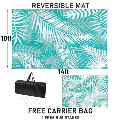 Outdoor Rug Waterproof for Patios Clearance, 10'x14' Quick Drying Outdoor Plastic Straw Rug Camping Carpet, Outside Floor Mats Large Area Rugs for RV,Patio,Deck,Porch, Beach, Balcony,Teal&White - color: Teal Blue, size: 10' x 14' (Rectangular)