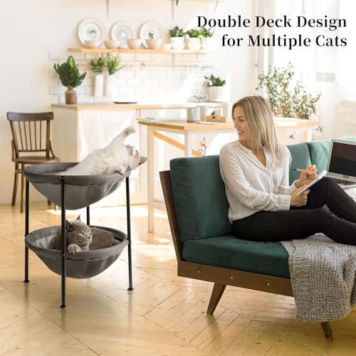 JUNSPOW Double Cat Bed Grey, Breathable Kitty Bed for 2 Cats with 4 Adjustable Feet & Anti-Slip Mats, Easy Assembly Cat Hammock for Multi-cat Household, Indoors & Outdoors, 22.8 in x18.7 in x 18.7 in - color: Grey, size: 18.7"L x 18.7"W x 22.8"Th (Mesh)