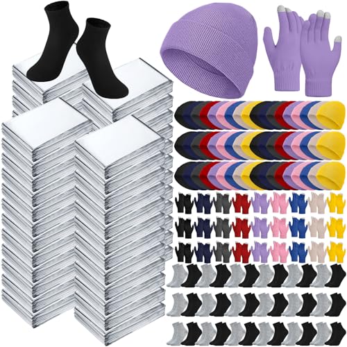 400 Pcs Thermal Blankets Winter Warmth Set Bulk, Warm Socks Winter Touchscreen Gloves Beanie Hats Emergency Foil Blankets (Vibrant) - color: Vibrant