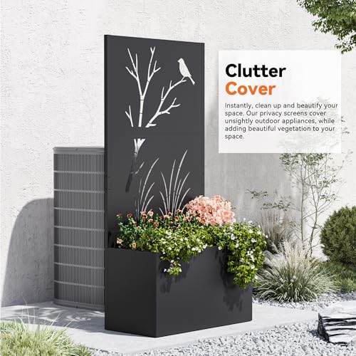 Modern Shade Metal Planter Box with Trellis Privacy Screen, 6x3 FT Large Raised Garden Bed, Multi-Functional Privacy Screen Outdoor with Drainage Holes for Climbing Plants, Perch Meadow - size: 1 PC (Perch & Meadow) with Planter Box