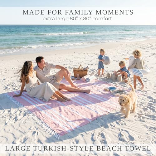 ZICOTO Beautiful Extra Large Beach Blanket with Tassels - Soft Oversized Turkish-Style Beach Towel for Relaxing Beach Days with the Whole Family - Lightweight Quick-Dry Picnic Blanket for Adults - color: Pink