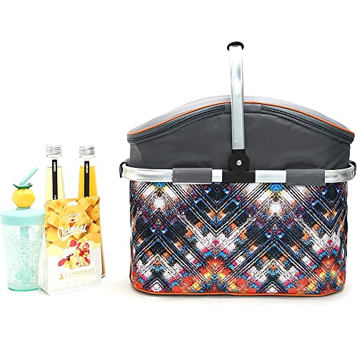 Insulated Picnic Basket 26L Portable Collapsible Market Leakproof Tote with Aluminum Handle for Camping, Shopping, Travel, Large Size (Orange) - color: Orange