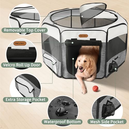 Seiyierr Dog Playpen, Portable Pet Play Pen Foldable Carrying Case, Puppy Pens Outsid for Small Cat Indoor/Outdoor, Removable Mesh Shade Cover - color: Grey, size: Medium