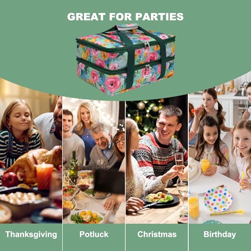 Double Decker Insulated Casserole Carrier, Expandable Thermal Food Warmer Bag Fits 9x13 Dish, Leak-Proof Potluck Lasagna Holder with Utensil Pocket for Picnic Party Cookout (Green Floral) - color: Green Floral