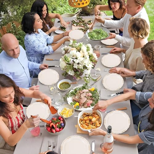 U-QE 100 PCS Ivory Plastic Plates with Gold Rim - Gold Plastic Plates for Party - Heavy Duty Plastic Plates Disposable Use Including 50 Dinner Plates 10 '' & 50 Dessert Plates 7.5 '' - color: Ivory Gold