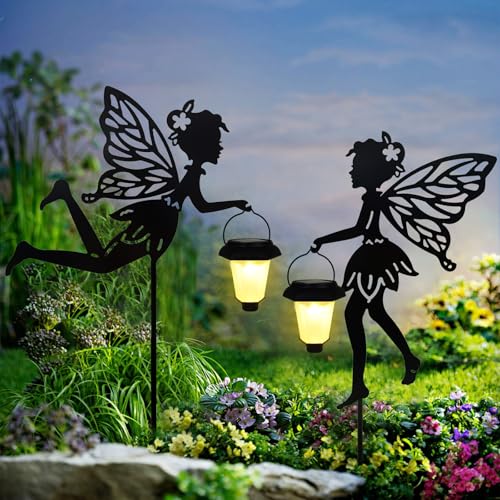 Solar Fairy Garden Stake Decorative Lantern, 2 Pack Metal Fairy Angel Garden Silhouette Lights for Lawn, Pathway, Patio, Yard Outdoor Decor - size: Fairy1