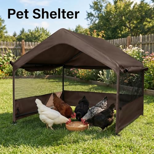Dog Tent House Outdoor Shade 4'x4'x3' Shelter for Large Medium Pets,Outside Sun Rain Waterproof Canopy with Three-Sided Breathable Mesh Windows,Livestock House with Ground Nails,Brown - color: Brown with Breathable Mesh Windows