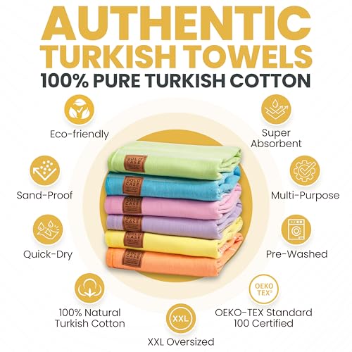 Gold CASE LYCIA Turkish Beach Towel Set of 6 – 100% Cotton Turkish Beach Towels Bulk 70 x 38'' – LYCIA Oversized, Quick Dry & Sand Free Beach Towel – Lightweight Towels Set in Multi Color Tones - color: Multicolor-2, style: Beach-Bath Towel Set