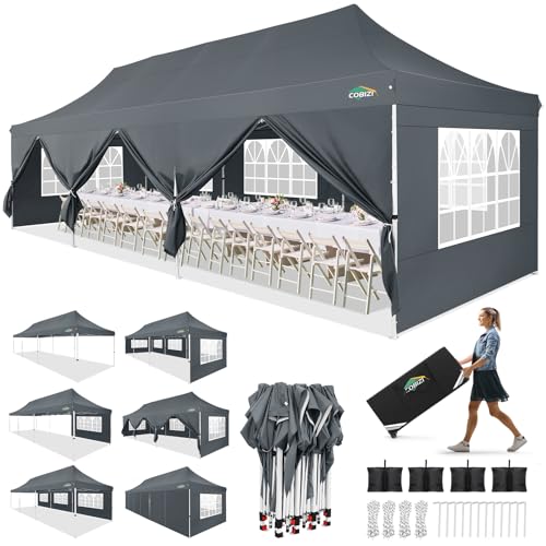 COBIZI 10x30 Pop up Canopy with Roller Bag & 8 Removable Sidewalls, Canopy Tent for Parties, Wedding, and Commercials, Waterproof and Instant Shelter UV50+ Outdoor Gazebo with 4 Sandbags(Gray) - color: Gray, size: 10x30FT
