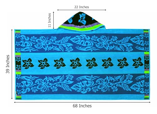 COTTON CRAFT Hooded Beach Towel for Adults – Oversized 39x68 Towel with Hood - 100% Cotton Velour Terry Jacquard Pool Bath Wrap - 450 GSM Soft Absorbent Quick Dry – Tropical Hibiscus Aqua Blue Purple - color: Hibiscus - Aqua Blue Purple, size: 1 Pack - 39