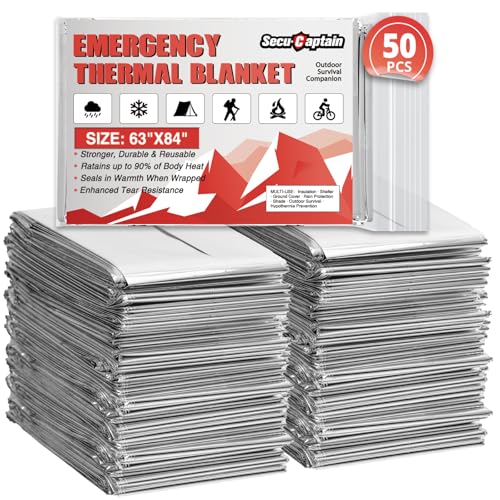 SecuCaptain Survival Emergency Thermal Blankets: 50 Pack Extra Large 84” x63” Space Mylar Blanket Kit for Outdoor Cold Winter Camping Hiking Car Bug Out Bag or First Aid - color: Sliver, size: 50 Pack