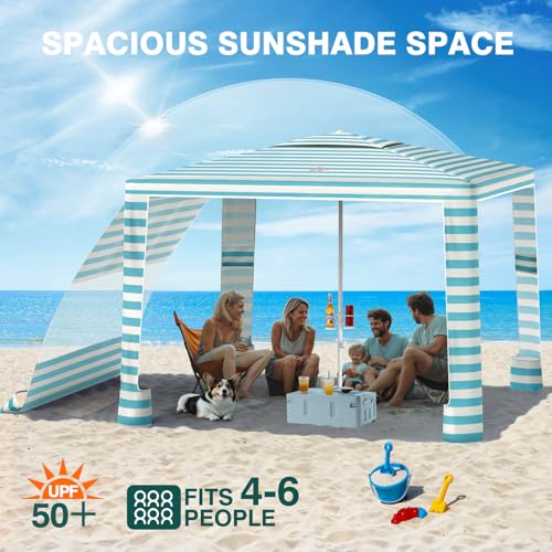 Rhino Valley Beach Cabana, 8 * 8FT Beach Tent UPF50+ Protection, Easy Setup Beach Canopy Wind Resistant with Cup Holder, Compact Beach Shade Foldable Beach Tent Sun Shelter, Light Blue Stripes - color: Light Blue Stripes