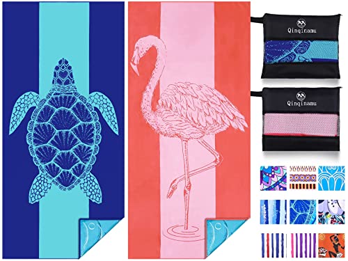 2 Pack Microfiber Lightweight Beach Towel 71"x32" Oversized Extra Large Thin Sand Free Towels Travel Swim Pool Yoga Gym Camping for Adults Women Men Beach Essentials Accessories Vacation Gift - color: Turtle Flamingo