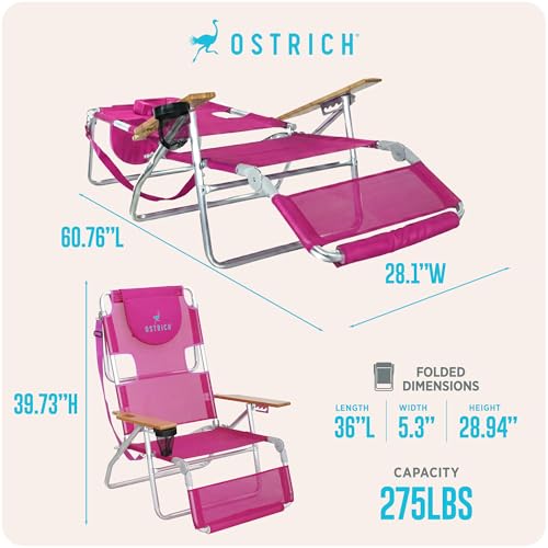 Ostrich the Original 3N1 Lightweight Beach Reclining Lounge Chair with Footrest, Outdoor Furniture for Patio, Balcony, Backyard, or Porch, Pink - color: Pink, style: Standard 3N1