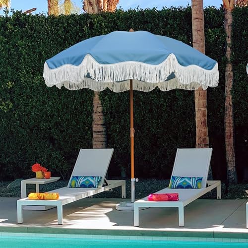 AMMSUN Boho Fringe Umbrella Outdoor Patio, 6.5ft UPF50+ Picnic Umbrella with Tassels with Steel Pole and Push Button Tilt, Blue - color: Blue