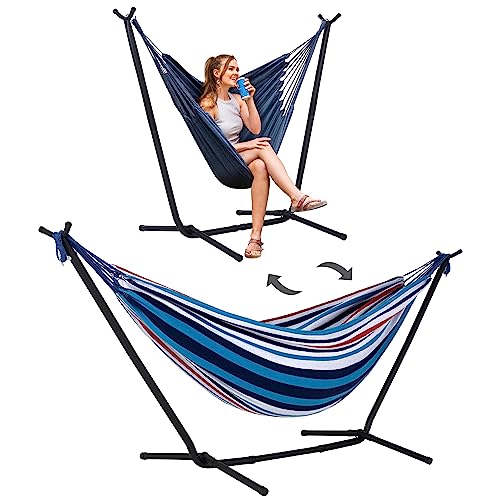 SUNCREAT 2-in-1 Convertible Portable Double Hammock with Stand Included, Outdoor Hammock and Stand, Patented, Sea Blue - color: A-sea Blue