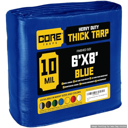 Core Tarps Heavy Duty 10 Mil Tarp Cover, Waterproof, UV Resistant, Rip and Tear Proof, Poly Tarpaulin with Reinforced Edges for Roof, Patio, Pool, Boat (Blue 6′ X 8′) - color: Blue-10 Mil, size: 6′ X 8′