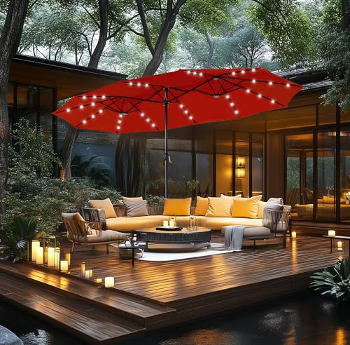MFSTUDIO 15ft Patio Umbrella with Solar Lights, Outdoor Large Rectangular Umbrellas with Base, Crank Handle and 36 LED Lights for Yard Deck Pool, Burgundy Red - color: Burgundy Red