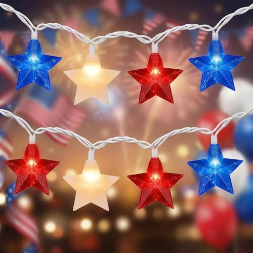 Red White Blue Stars String Lights, 8.5Ft 4th of July Decorations Lights with 10 Red White Blue Lights, Plug in Stars String Lights Outdoor for Independence Day Memorial Patriotic Party Gift Decor - color: 10 Lights Star Red White Blue