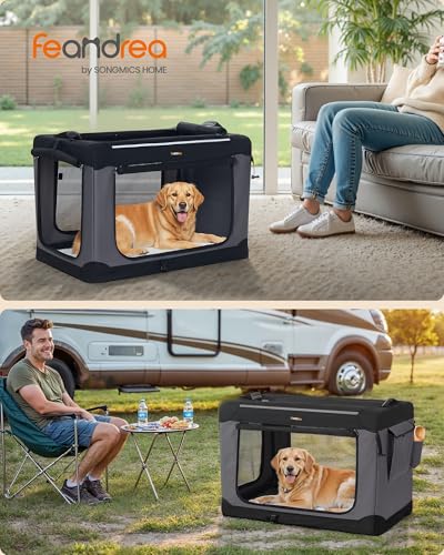 Feandrea Collapsible Dog Crate, 36-Inch Portable Dog Travel Crate for Large Dogs, Oxford Fabric Pet Carrier with 4 Mesh Doors, Handles, Storage Pocket, Water Bottle Holder, Ink Black UPDC019B01 - size: XL（36"L x 25"W x 25"H)