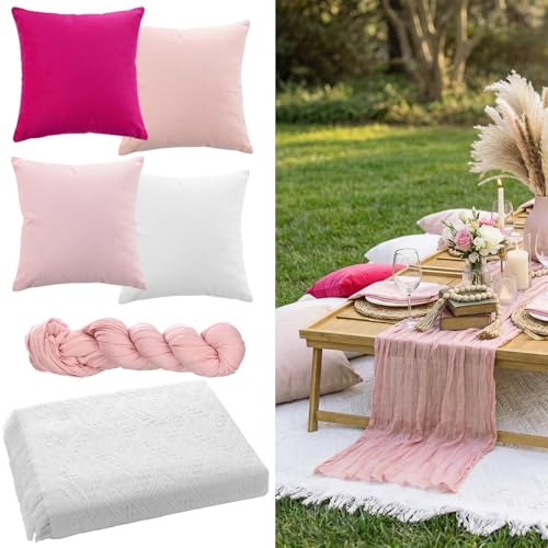 Moukeren 10 Pcs 71''x102'' Extra Large White Outdoor Boho Picnic Blanket with Pink Table Runner 8 Throw Pillow Cover Oversized Washable Portable Beach Blanket for Valentine Picnic Camp Lawn Wedding - color: Pink