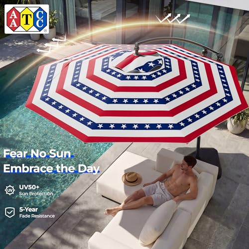 HOMSHADE 10ft Offset Patio Umbrella - w/Base, Cantilever Offset Hanging Patio Outdoor Market Umbrella UPF50+ UV Protection with Easy Tilt and Crank for Pool Deck and Garden(Red & Blue Star Stripes) - color: Red & Blue Star Stripes
