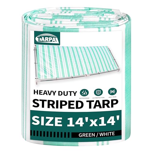 TARPAL Heavy Duty Poly Tarp 14x14 Feet 12mil Striped tarp Multipurpose Protective Cover Durable, Waterproof, Weather Proof, UV,Rip and Tear Proof（Green/White） - color: Green/White Striped-12mil, size: 14x14 Feet-Finished size
