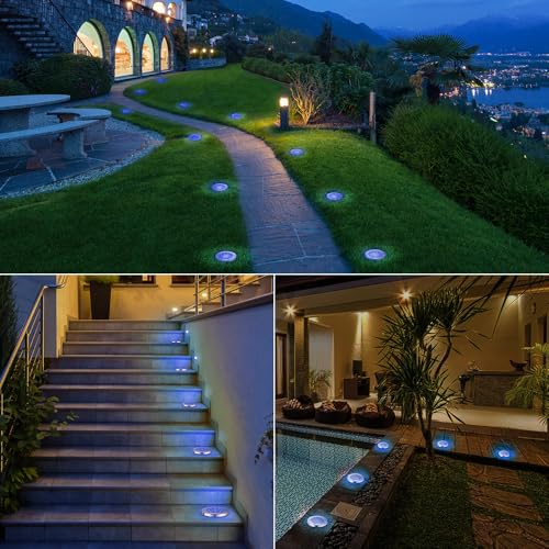 LYHOPE Solar Ground Lights Outdoor, 8 Pack 8 LED Solar Disk Lights Waterproof Garden In-ground Pathway Light Landscape Lighting for Lawn,Yard,Deck,Patio,Walkway (Blue) - color: Blue, size: 8 Pack