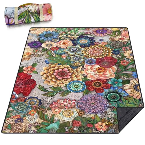 Picnic Blankets Waterproof Large, 80"x 60" Outdoor Beach Blanket Sandproof Foldable Lightweight Portable 3-Layer Camping Mat for Parks,Hiking,Travel,Music Festival,Concerts(Mandala Flowers) - color: Multicolor Mandala Flower, size: 5' x 6'8" (Rectangular)