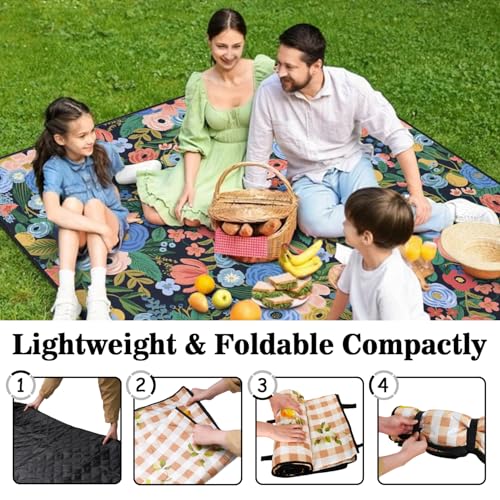 Picnic Blankets Waterproof Foldable Extra Large,80"x 80" Outdoor Beach Blanket Sandproof,3-Layer Lightweight Handy Mat Tote Picnic Camping Rugs for Outside Your Rv (Garden Party Floral Navy) - color: Picnic Blankets 1