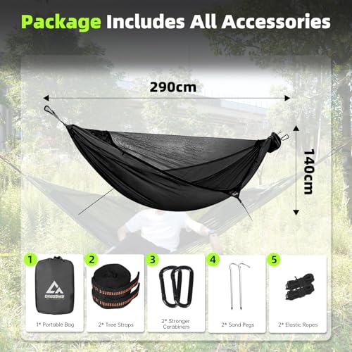Camping Hammock with Mosquito Net – Portable Parachute Nylon Hammock Tent with Tree Straps, Camp Rope & Stake - for Hiking, Backpacking, Travel, Backyard, Beach – Holds Up to 500lbs (Black) - color: Black