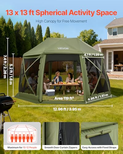 VEVOR Pop Up Gazebo Screen Tent, 13 x 13 ft Large High 13-Sided Camping Canopy Tent with Removable Top & Carry Bag, Quick Set & Bite-Proof Mesh Screen Sun Shelter for 10-12 Persons Backyard Patio - color: Army Green, size: 13x13ft