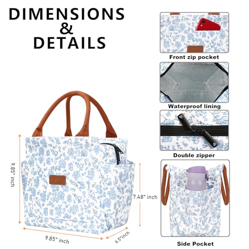 Joymee Lunch Bag Women Insulated Lunch Box Reusable Leakproof Large Spacious Cooler Tote for Women Men Adult with Bottle Holder and Side Pockets for Work Office Travel Picnic -Blue Floral - color: 04 Blue Floral