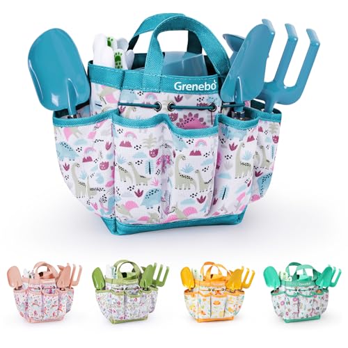 Grenebo Kids Gardening Set Toys, Quality Garden Tool Kit for Kids and Toddlers, Includes Two Shovels, Garden hat,Rake, Apron,Gloves, Watering Can, and Tool Bag (Blue) - color: B-blue