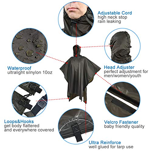 onewind Hooded Rain Poncho, Silnylon Rain Coat Versatile Survival Shelter Waterproof Breathable Lightweight Poncho - color: Dark Grey-89"*56" (226cm*142cm), size: Small