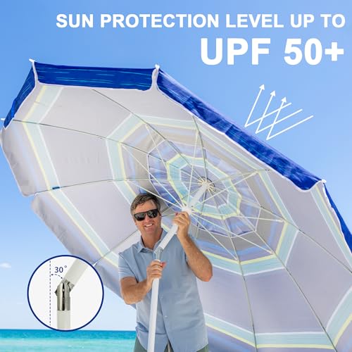AMMSUN 8 Feet Large Beach Umbrella with Sand Anchor Heavy Duty High Wind Portable Outdoor Umbrellas UV 50+ Protection Air Vent Tilt Patio Garden Pool - color: Blue Stripe