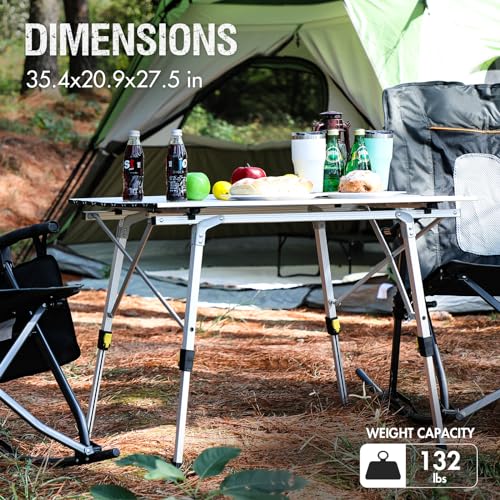 Portal Outdoor Folding Portable Picnic Camping Table with Adjustable Height Aluminum Roll Up Table Top Mesh Layer, Silver - color: Silver, size: Large-35.4"L x 20.9"W