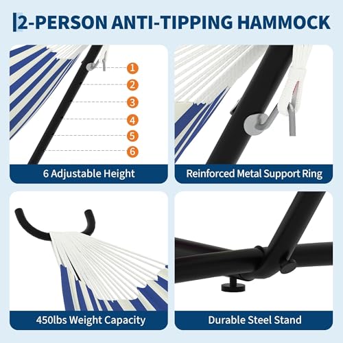 Double Hammock with Stand, 450lbs Capacity Heavy-Duty Steel Frame, Portable Space-Saving Design with Carry Bag for Indoor & Outdoor Use, Blue&White - color: Blue White Stripes