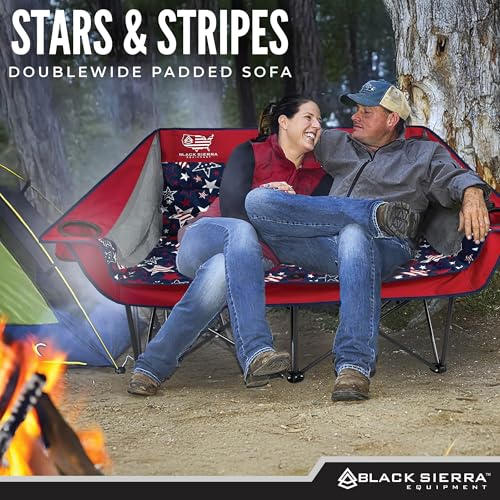 Black Sierra Patriotic Double Camping Chair, Padded Oversized Loveseat, 2 Person Folding Seat, 500 lb Capacity, USA Flag Outdoor Sofa for Beach, Tailgating, RV, Sports, Patio - color: Red Stars and Stripes