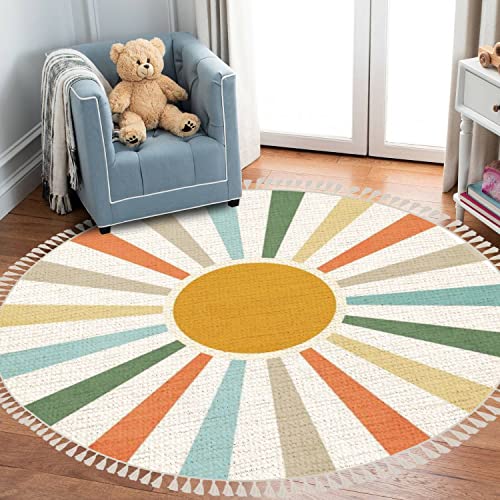 Round Rugs Colorful Rainbow Sun Boho Area Rug Linen and Cotton Carpet Meditation Rug Washable Runner Mat Accent Rug for Boys Girls Bedroom Living Room Bathroom Playroom Nursery Decor 3ft - color: Multi11, size: 3 ft