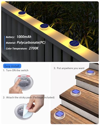 DetarZinLED Solar Step Lights Outdoor Waterproof, 4 Pack Warm White Flat Lights Solar Powered for Outside Stair, Deck, Dock, Pathway, Driveway, Ground - size: 4pcs Warm White Round