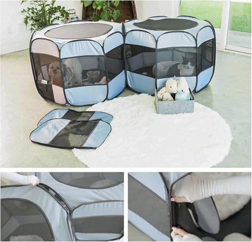 2-in-1 Cat Playpens, Detachable into 2 Separate Playpens with Additional 2 Doors, Portable Dog Playpen Cat Tent Enclosure for Kitten and Puppy Indoor Outdoor Use(S) - color: Grey, size: S, 55.2"L x 27.6"W x 17"H